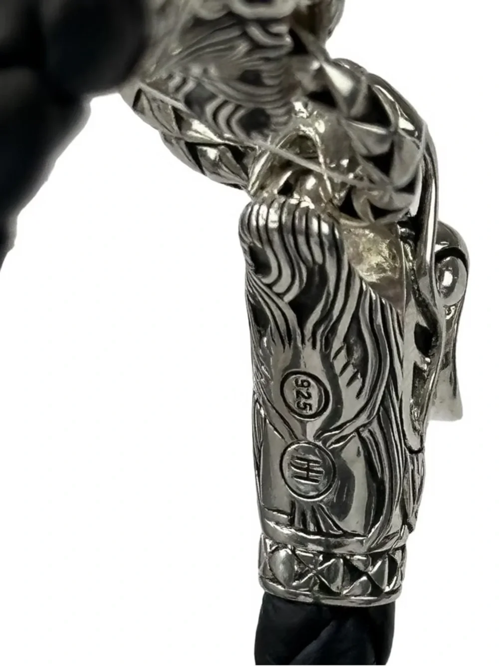 JOHN HARDY Sterling Silver Dragon Naga Woven Leather Bracelet Black Unisex 7”